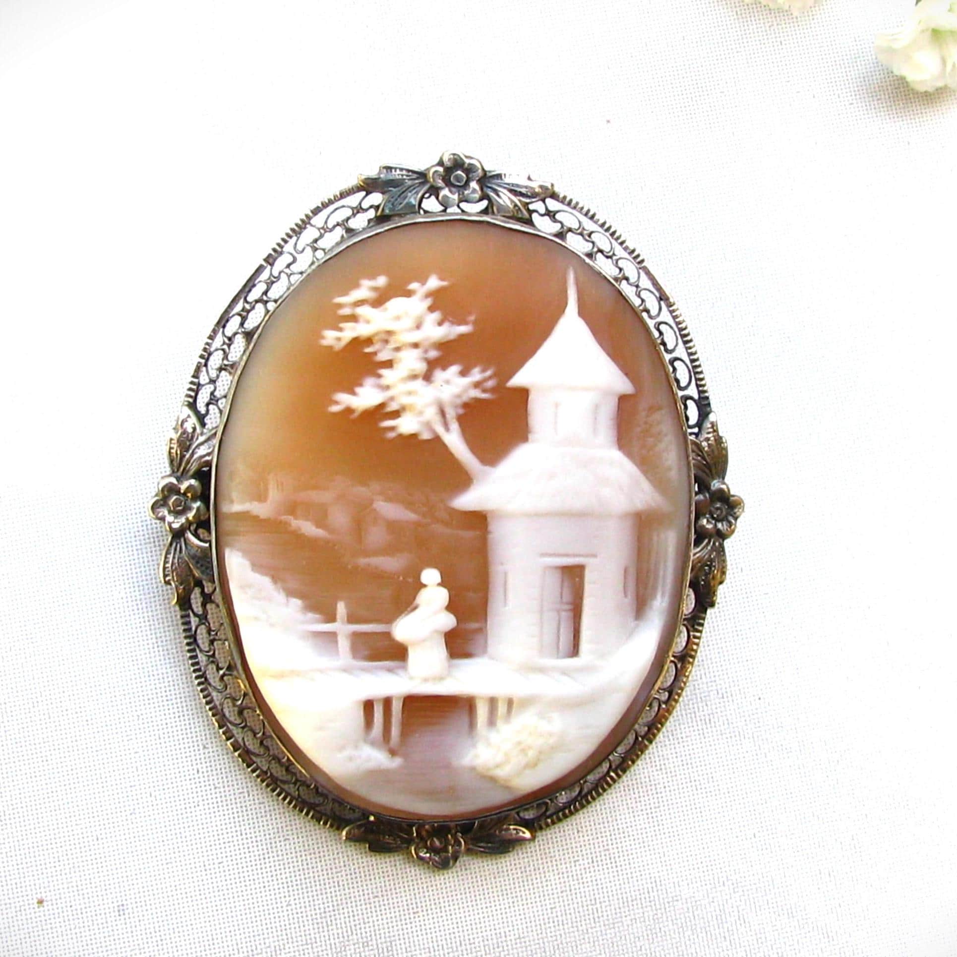 Vintage Carved Shell Figural Landscape Scene Silver Filigree Brooch Pin Orange Blossom Detailing Unique Bridal Jewelry
