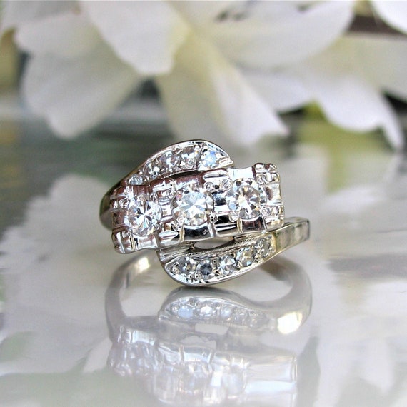 Vintage Three Stone Diamond Engagement Ring 0.84ctw Diamond Bypass