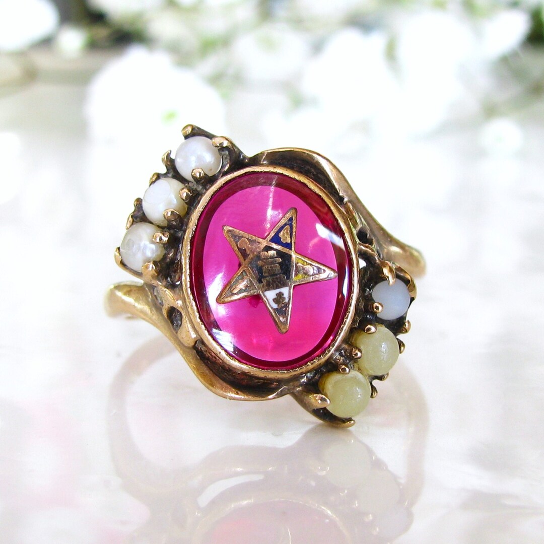 Antique Order of the Eastern Star Ring Synthetic Ruby & Seed Pearl Ring ...