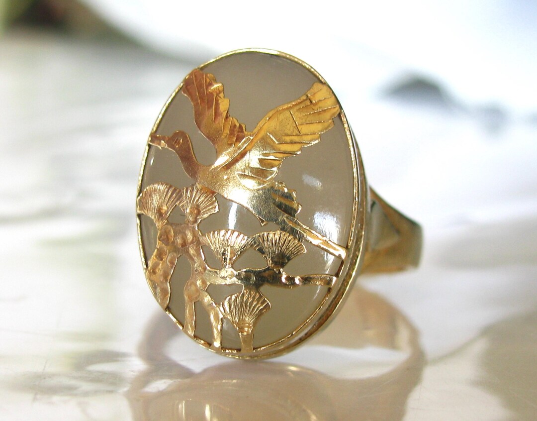 Vintage Bird Motif Ring 14K Yellow Gold Figural Bird Quartz Ring Bird ...