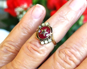 Antique Order of the Eastern Star Ring Synthetic Ruby Seed Pearl