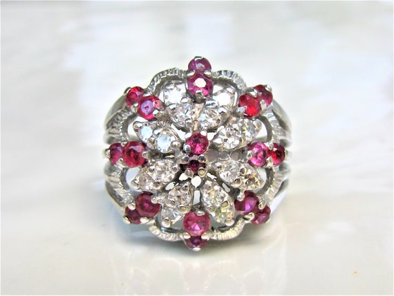 Vintage Ruby & Spinel Diamond Cluster Ring Platin… - image 3