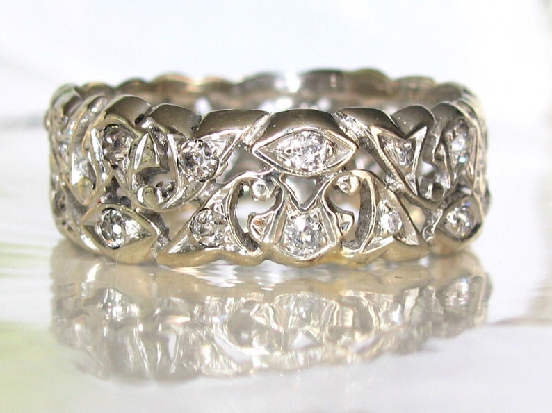 Antique Diamond Wedding Band 14K White Gold Scroll Filigree Edwardian Ring 0.92ctw Diamond Wide Wedding Ring Antique Diamond Eternity Ring image 2