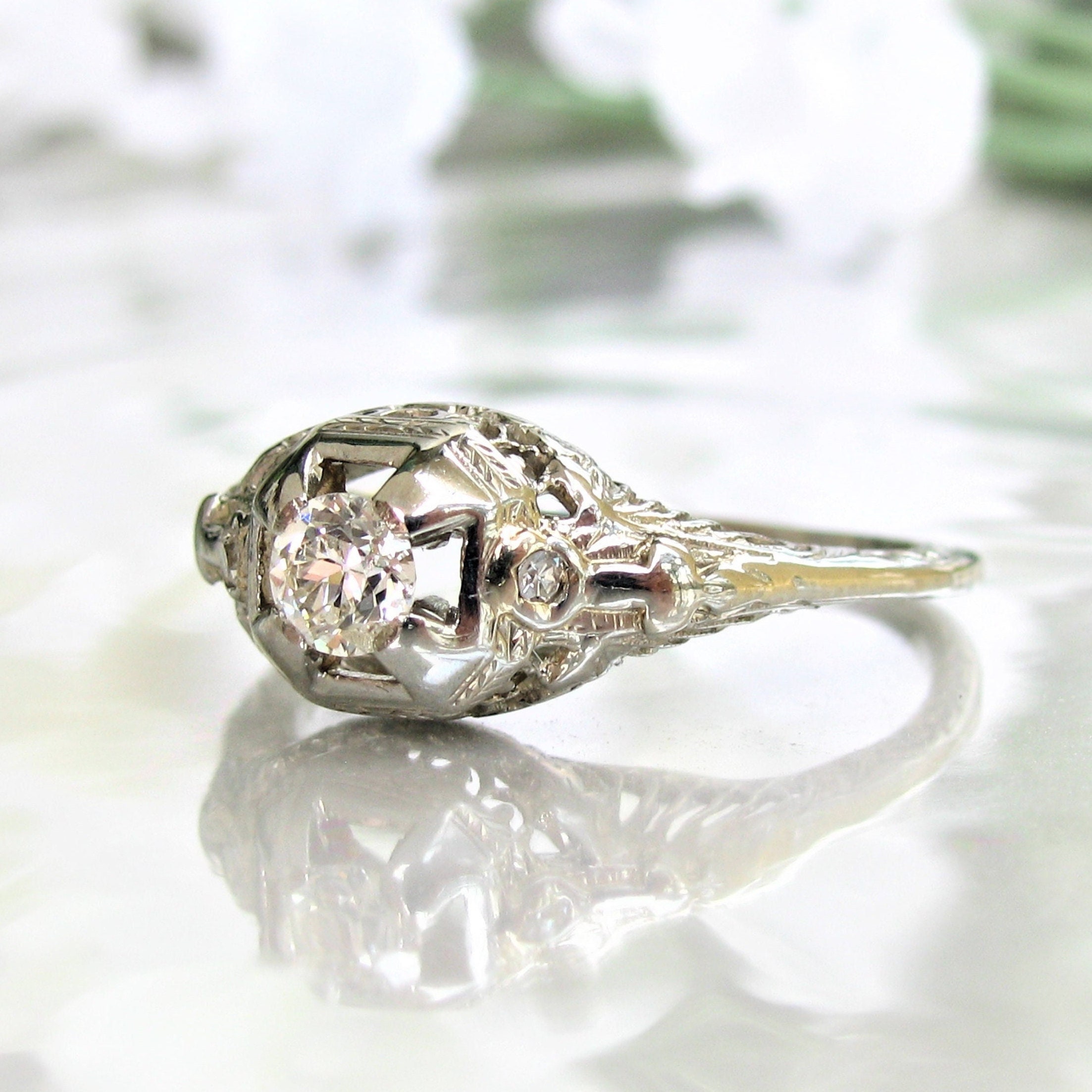 Antique Edwardian Engagement Ring Old European Cut Diamond 18K