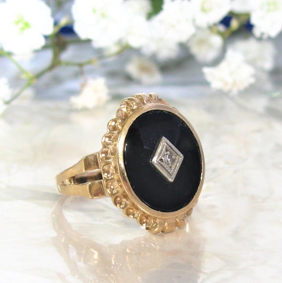 Art Deco Onyx Diamond Ostby Barton Ring 10K Yellow Gold