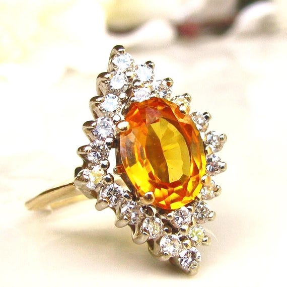 Vintage Orange Sapphire & Diamond Halo Engagement Ring 0.66ctw Diamond Wedding Ring 14K Gold Lady Di Style Alternative Engagement Ring