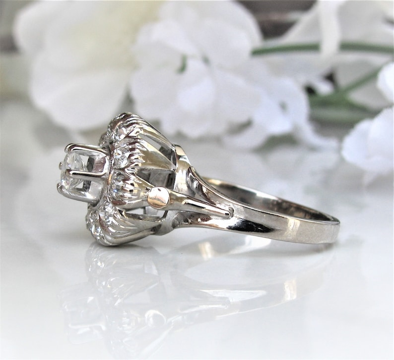Antique 0.80ctw Diamond Halo Ring, Art Deco 14K White Gold image 4