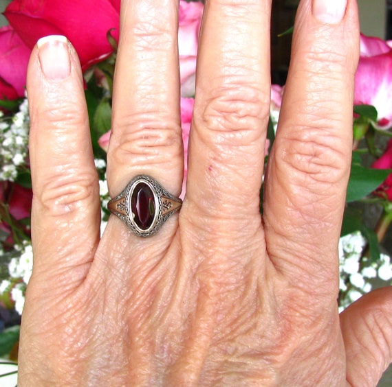 Vintage Style Ruby Ring Large Oval Bezel Set Synt… - image 9