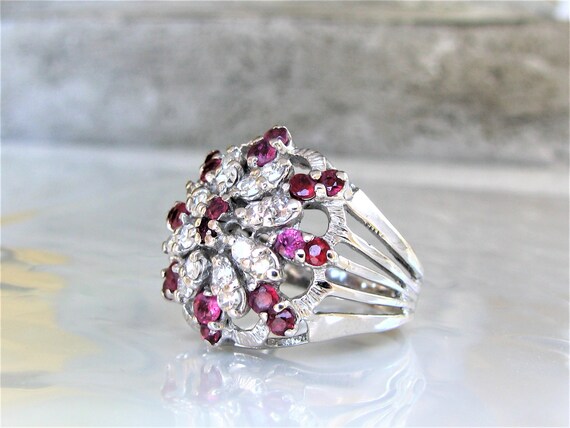 Vintage Ruby & Spinel Diamond Cluster Ring Platin… - image 4