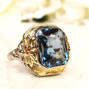Antique Engagement Ring 6.38ct Synthetic Blue Spinel Art Deco Alternative Engagement Ring 14K Rose Gold Floral Filigree Wedding Ring Size 7!