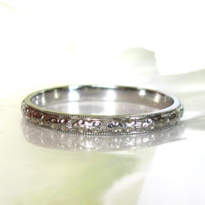 Art Deco Wedding Band Antique Belaise Wedding Ring Floral Pattern Eternity Ring 18K White Gold Stacking Ring Thin Ladies Wedding Band Size 7