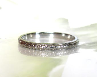 Art Deco Wedding Band Antique Belaise Wedding Ring Floral Pattern Eternity Ring 18K White Gold Stacking Ring Thin Ladies Wedding Band Size 7