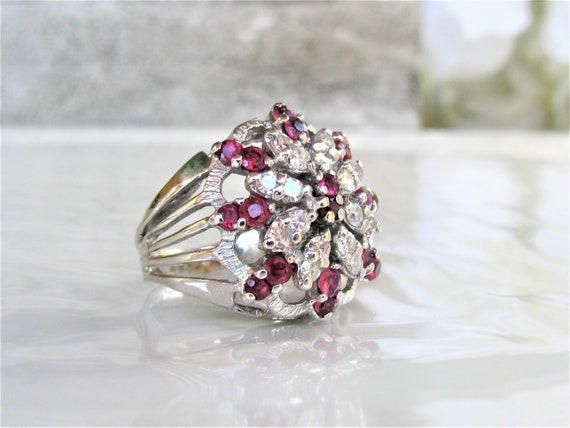 Vintage Ruby & Spinel Diamond Cluster Ring Platin… - image 5
