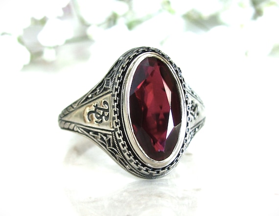Vintage Style Ruby Ring Large Oval Bezel Set Synt… - image 3