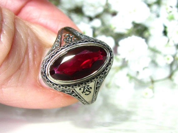 Vintage Style Ruby Ring Large Oval Bezel Set Synt… - image 7