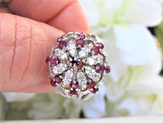 Vintage Ruby & Spinel Diamond Cluster Ring Platin… - image 8