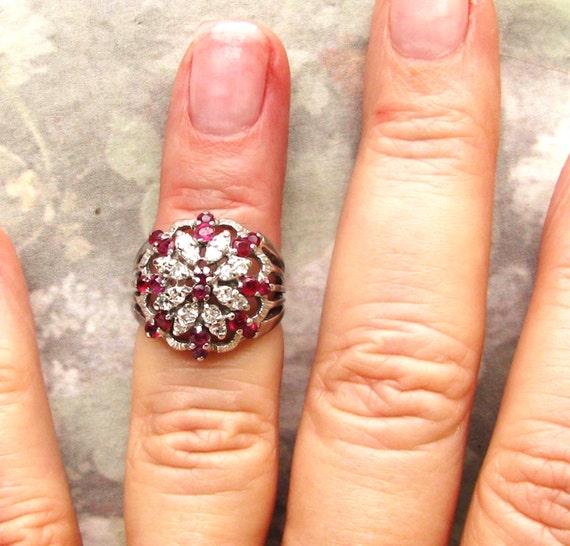 Vintage Ruby & Spinel Diamond Cluster Ring Platin… - image 10