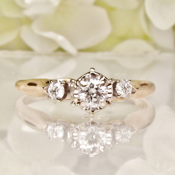 Vintage Engagement Ring Three Diamond Ring 14K Two Tone Gold Vintage Diamond Wedding Ring Size 7!