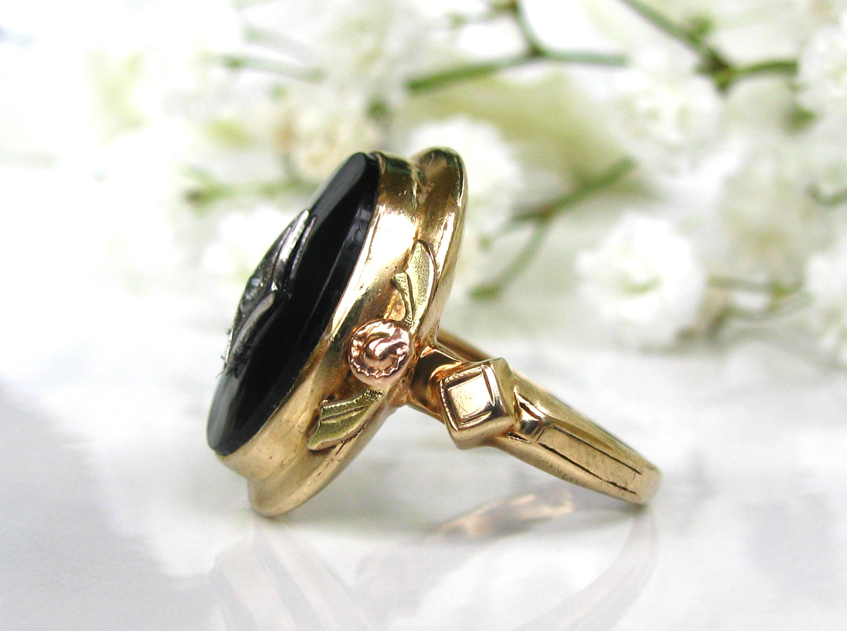 Vintage Onyx Diamond Accent Ring 10K Tri-colored Gold Ring