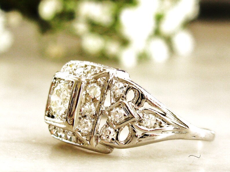Art Deco Engagement Ring 0.77ctw European Cut Diamond Antique Engagement Ring Platinum Wedding Ring Bow Design Diamond Anniversary Ring image 2