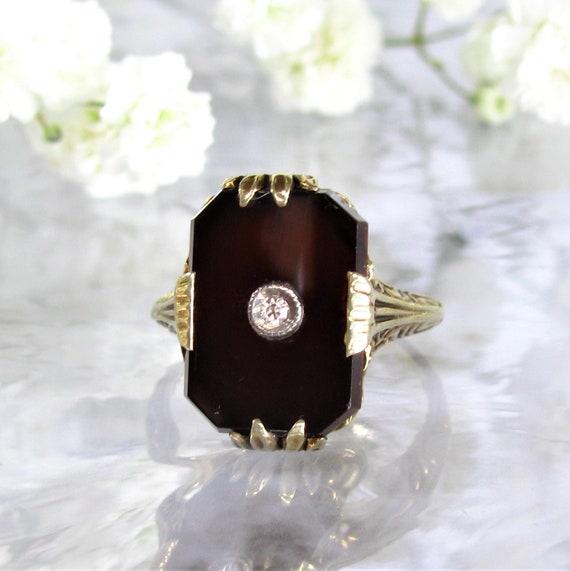 Antique Edwardian Onyx & Diamond Accent Ring Orna… - image 1