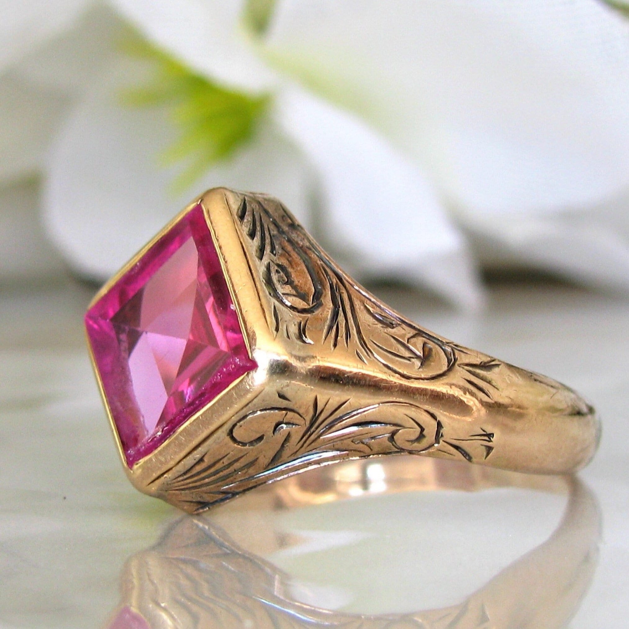 Vintage Pink Sapphire Ring Alternative Unique Engagement Ring Fancy Cut 4.12ct Synthetic Pink Sapphire 10K Yellow Gold Scroll Etched Ring