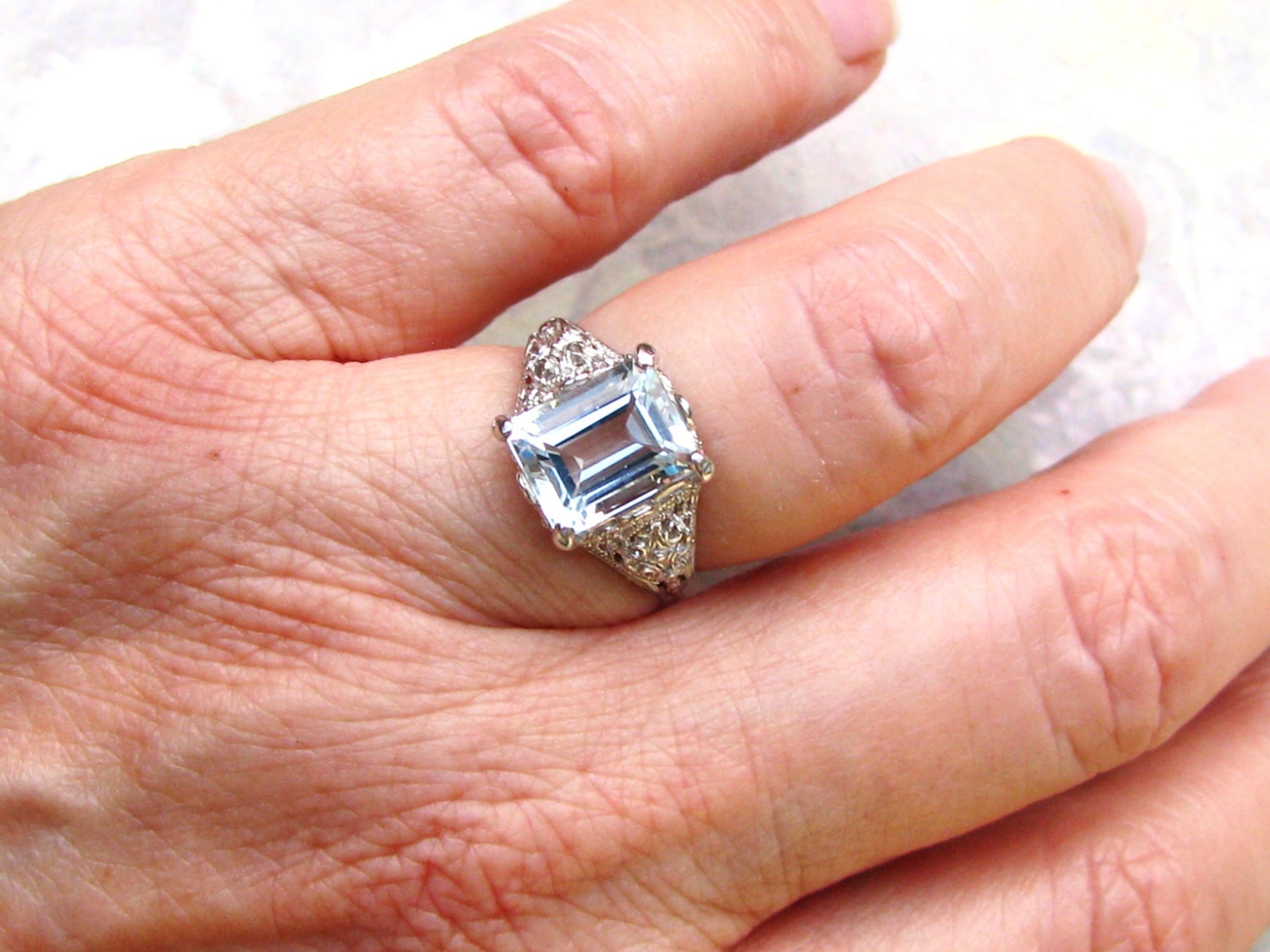Vintage Aquamarine Engagement Ring 3.79ct Emerald Cut Etsy