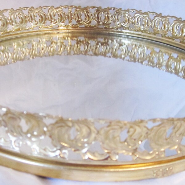 Round Ormolu Vanity Perfume Mirror Tray Hollywood Regency Gold Filigree Dresser Perfume Tray