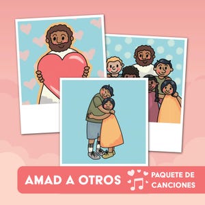 Peut inclure: Trois images illustrées avec un fond bleu clair et des cœurs roses. L'une montre une personne tenant un grand cœur rose. Une autre montre un groupe de personnes. La troisième montre une personne en train d'embrasser une autre personne. Le texte "AMAD A OTROS" est en bas.