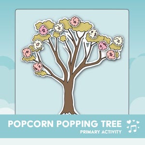 Può includere: Illustrazione di un albero con tronco e rami marroni, adornato con fiori a forma di popcorn rosa, bianchi e gialli. Il testo "Popcorn Popping Tree" e "Primary Activity" è visualizzato in basso, su uno sfondo azzurro.