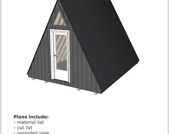 Könnte beinhalten: Ein A-förmiger Kabinenbauplan mit einer 3D-Darstellung der Hütte. Die Pläne beinhalten eine Materialliste, eine Schnittliste, eine Explosionsansicht und eine Schritt-für-Schritt-Anleitung.
