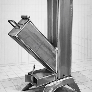 May include: A metal wood-burning stove with a rectangular chimney and angled firebox. The stove features a handle, a small door, and is supported by angled legs. The design is industrial and functional.