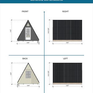 以下が含まれることがあります： A字型の小さな小屋の一般的な寸法を示す図面。正面、背面、右側、左側がインチで表示されています。小屋の高さは142-5/8インチ、幅は192インチです。