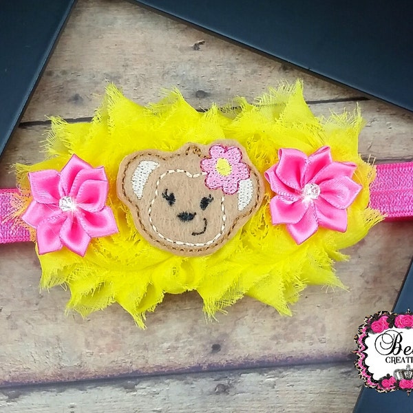Monkey headband, monkey bow, shabby headband, flower headband, yellow and pink headband, pink monkey bow, flower headband, infant bow