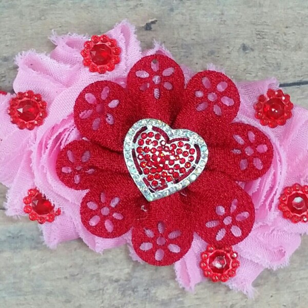 Valentines day headband, vday hair bow, bling baby headband, heart bling headband, pageant headband, valentine's day headband, red pink
