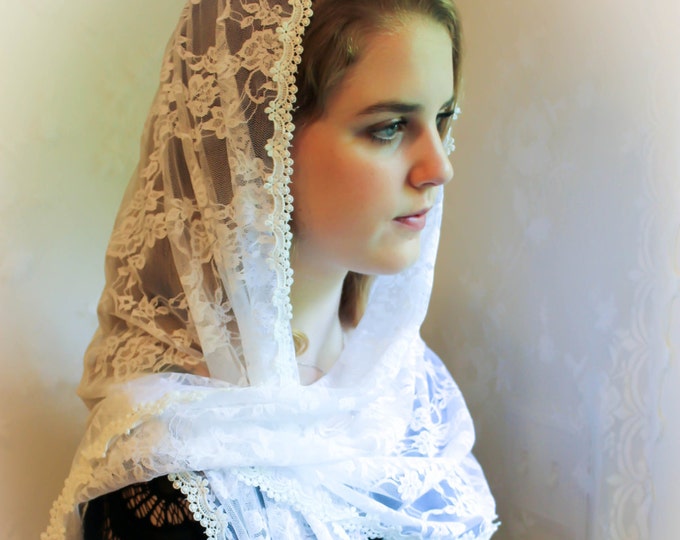 Evintage Veils~ Petal White Floral  Vintage Inspired Lace Chapel Veil Scarf Mantilla Shawl