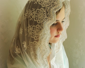 Evintage Veils~ NOT QUITE PERFECT Child's Our Lady of Angels** Vintage Inspired Lace Chapel Veil Mantilla Infinity Veil