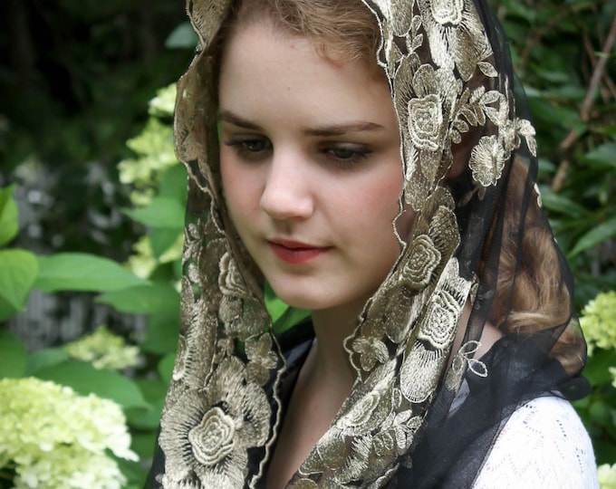 Evintage Veils~ READY TO SHIP Lovely Gold & Black Embroidered Infinity Veil~  Soft and Light!