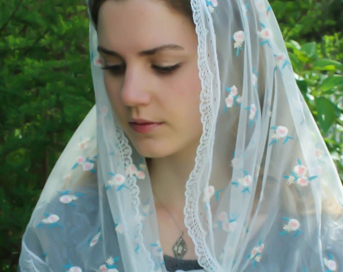 Evintage Veils~ Our Lady of the Rosary "Joyful Mysteries" Vintage Inspired Lace Chapel Veil Scarf Mantilla Wrap