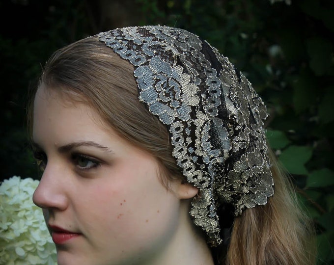 Evintage Veils~ So Soft Headwrap Burnished Gold & Black  Vintage-Inspired  Lace Headband Kerchief Tie-style Head Covering Church Veil