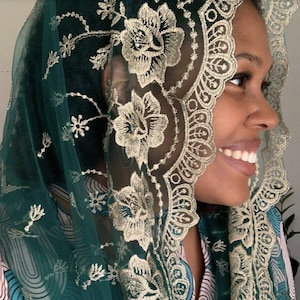 Evintage Veils~ Our Lady of Guadalupe Deep Green or Black Embroidered  Traditional Vintage Inspired Infinity Veil Mantilla Chapel Veil