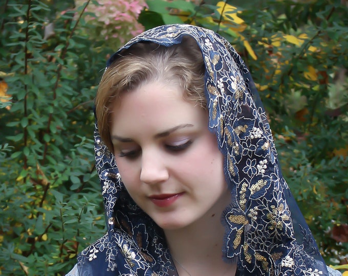 Evintage Veils~ Queen of Peace Navy Sequin Embroidered Lace Chapel Veil Mantilla Infinity Veil Latin Mass