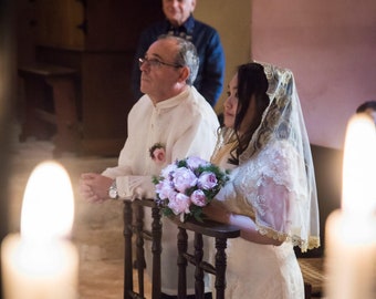 Evintage Veils~ Our Lady of Guadalupe Floral Gold & Ivory Embroidered D Shaped Veil~  Soft and Light!