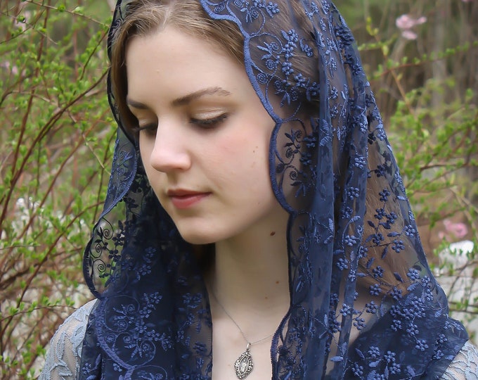 Evintage Veils~ READY TO SHIP Queen of Peace Soft Midnight Blue Embroidered Lace Chapel Veil Mantilla Infinity Veil Latin Mass