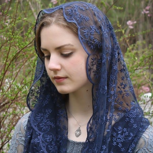 Evintage Veils~ READY TO SHIP Queen of Peace Soft Midnight Blue Embroidered Lace Chapel Veil Mantilla Infinity Veil Latin Mass