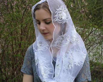 Evintage Veils~ READY TO SHIP Queen of Peace White  Embroidered Lace Chapel Veil Mantilla Infinity Veil Latin Mass