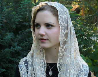 Evintage Veils~ NOT QUITE PERFECT   Regina Caeli Champagne Gold or White Embroidered Lace Chapel Veil Mantilla Infinity Veil Latin Mass