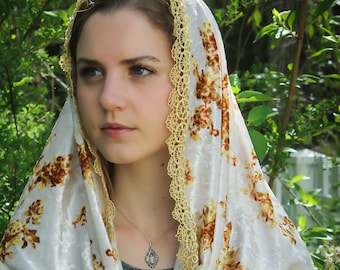Evintage Veils~ READY TO SHIP Cream Velvet  Wildflowers Floral Wrap Mantilla Floral Vintage Inspired Lace Chapel Veil Scarf Mantilla-