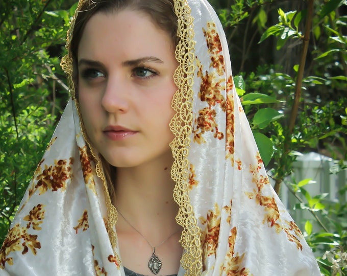 Evintage Veils~ READY TO SHIP Cream Velvet  Wildflowers Floral Wrap Mantilla Floral Vintage Inspired Lace Chapel Veil Scarf Mantilla-