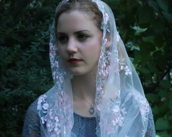 Evintage Veils~ READY TO SHIP Our Lady of the Rosary "Joyful Mysteries"   Multicolored Embroidered Lace Chapel Veil Mantilla Infinity Veil